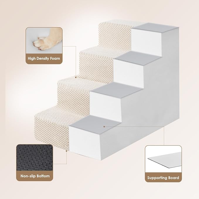 EHEYCIGA Dog Stairs for Bed 18" H, 4-Step Dog Steps for High Bed, Pet Steps for Small Dogs and Cats, Non-Slip Balanced Pet Ramp Indoor, Beige