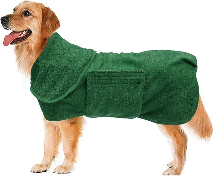 Geyecete Dog Drying Coat - Dog Bathrobe Towel - Microfibre Fast Drying Super Absorbent Pet Cat Bath Robe Towel, Luxuriously Soft Green XL
