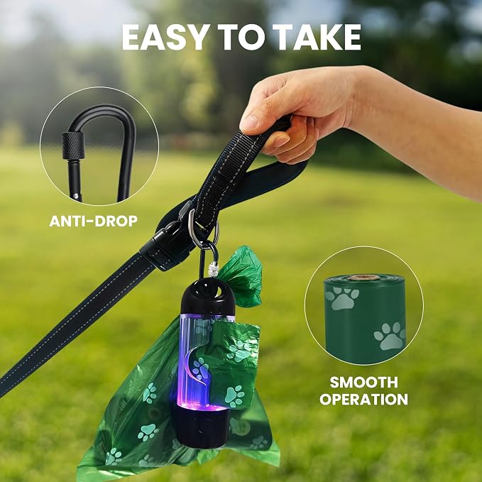 Dog Poop Bag Dispenser with LED Flashlight for Leash – USB-C Rechargeable, Waterproof, Hands-Free Dog Waste Bag Holder for Night Walks – Includes 45 Bags (3 Rolls)