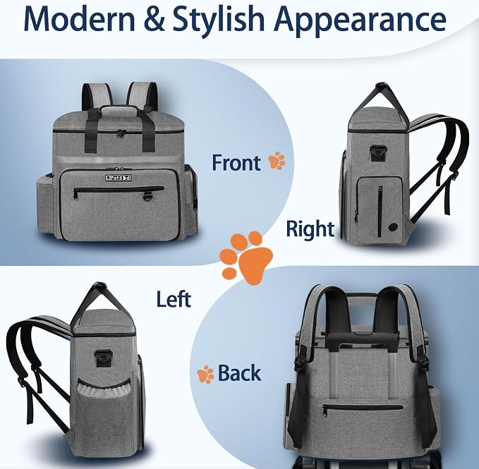 Petskd Dog Travel Bag for Supplies, 27L Large Space Pet Organizer Backpack, Airline Approved Weekend Bag with Multi-Function Pockets for Overnight Camping with 2 Food Containers, 2 Bowls (Grey)