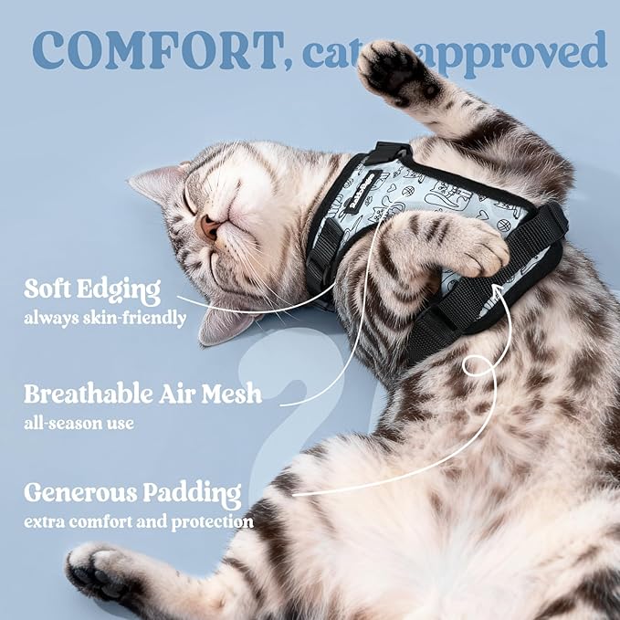 rabbitgoo Cat Harness and Leash Set, Escape Proof Vest, Doodle Gray | Soft Breathable Mesh, Easy Adjustable Fit, Snap Buckles, Sturdy Clip, Reflective Strips, for Medium to Large Cats Walks, M