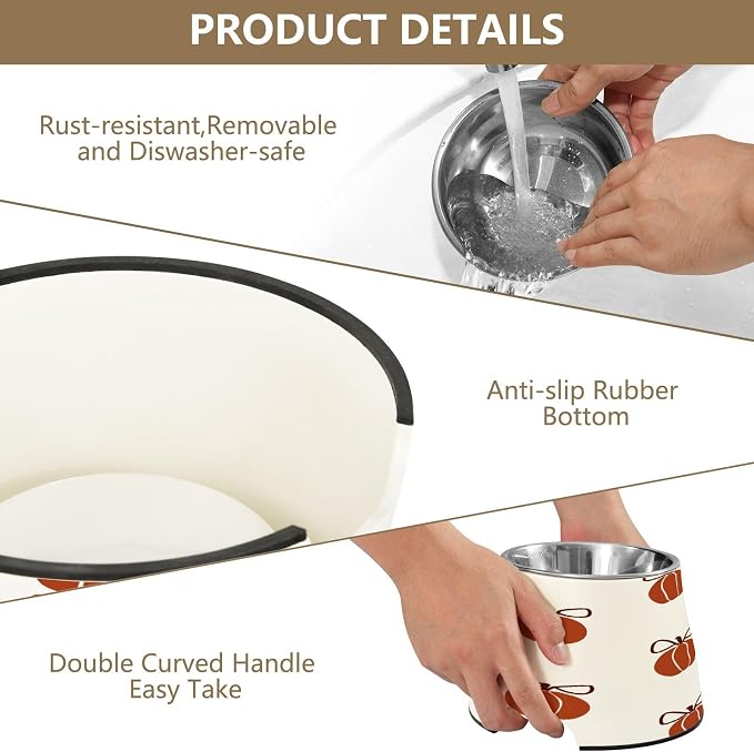 Blueangle Elevated Dog Bowls with Stainless Steel - Non-Slip 2.3 Cup High Capacity Pet Dish for Spinal Health & Pumpkins with Bows Design（155）