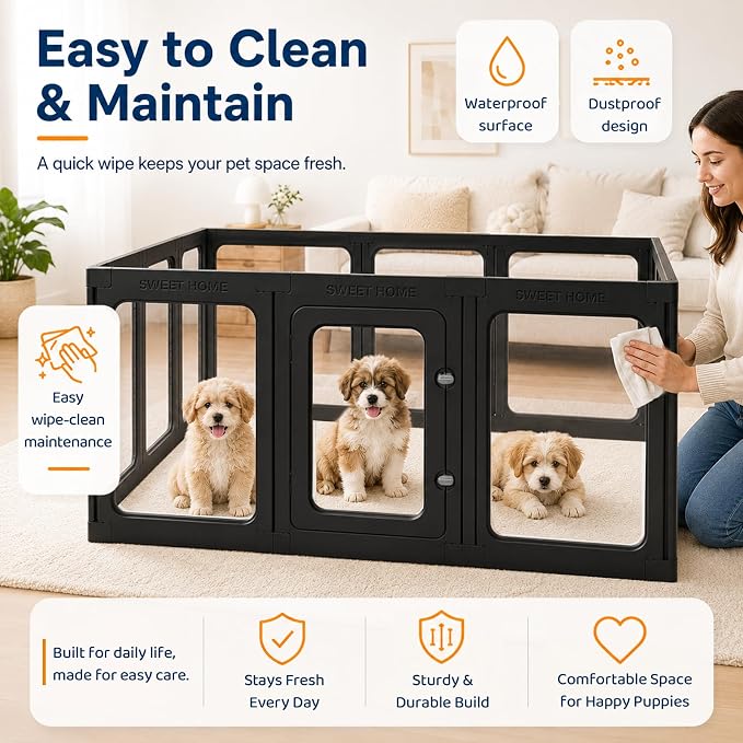 Acrylic Dog Playpen with Toilet, Clear Puppy Play Pen Indoor Puppy Play Pen Tool-Free Assembly Detachable Pet Fence Kennel for Small Dog, Cat, Rabbit (24 Inch, 12 Panels, Black)