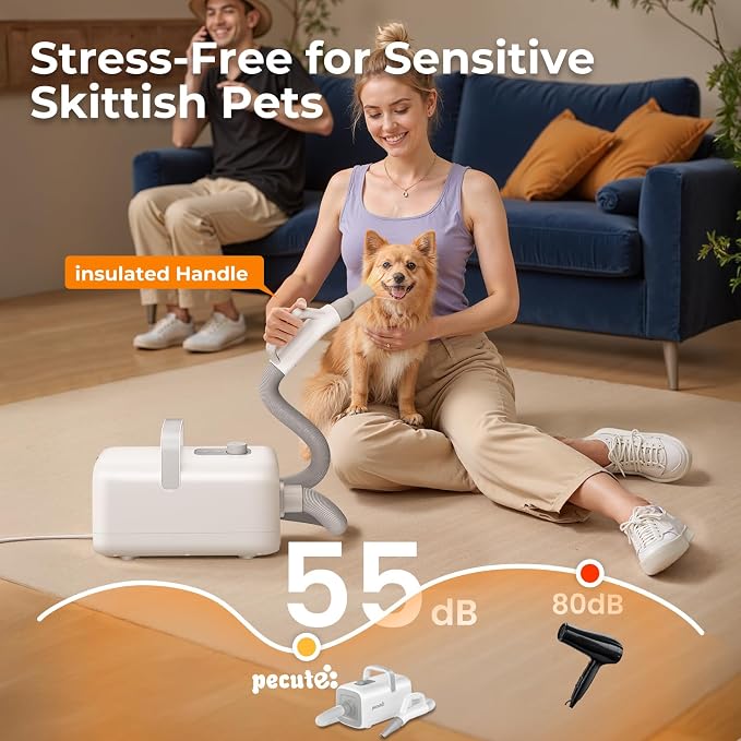 Pecute High-Velocity Dog Dryer, Adjustable Speed & Temp, 6.5ft Cord | Heat-resistant hose, pet grooming salon, cool-warm-hot cycle, 4 nozzles, soft noise, quick drying, overload protection