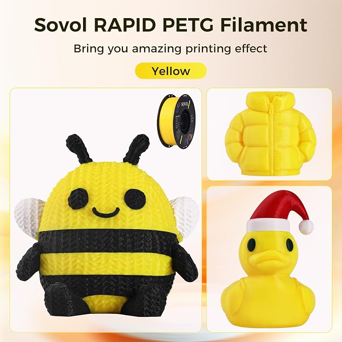 Sovol 3D Printer Rapid PETG Filament 1.75mm 1KG (2.2lbs), High Precision, Strong Toughness, Wiring Tightness, Dimensional Accuracy +/- 0.03 mm, 3D Printing High Speed PETG Filaments, Yellow