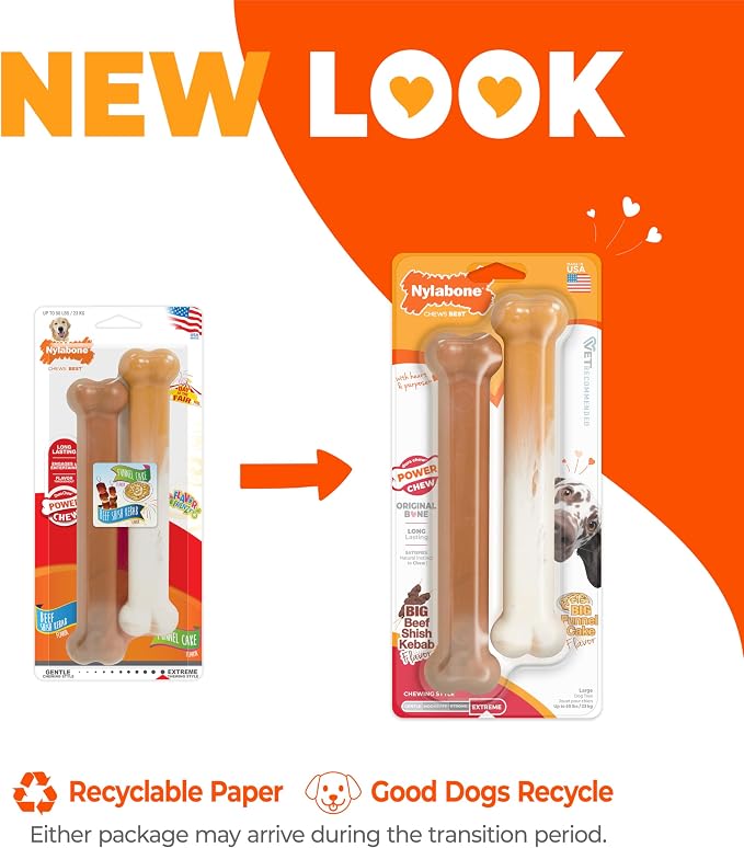 Nylabone Power Chew Original Bone Dog Chew Toys, Large, 2 Count | Funnel cake and shish kabob flavors, durable chew toys, discourages destructive chewing, for dogs up to 50 pounds