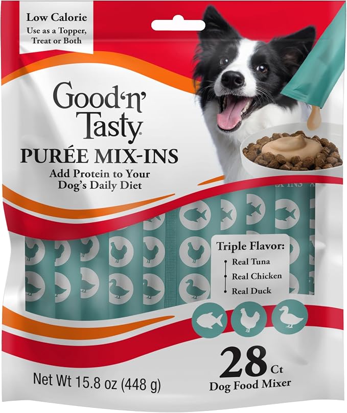 Good 'n' Tasty Triple Flavor Puree Mix-Ins Dog Food Topper Treats for All Dogs, 28 Count, Easy Single-Serve Portions, Added Protein with Tuna, Chicken and Duck