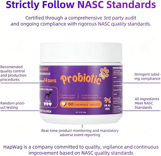 Dog Probiotic Chewable Tablets with Prebiotic, Apple Cider Vinegar & Papaya Powder, Pork Flavor Daily Digestive Supplement for All Breeds Dogs, 90 Count