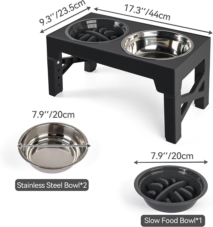 PAWISE Elevated Dog Bowls, Raised Dog Bowl with Slow Feeder Bowl & Stainless Steel Bowls, 5 Heights Adjustable Dog Feeding Bowl Stand for Small Medium Large Dogs, Food Dishes with Non-Slip Feet