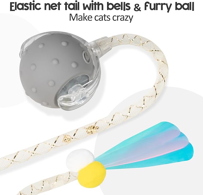 Interactive Cat Toys Ball,Automatic Moving Ball Toy,Rechargeable | Smart Electric Moving Stimulating with Two Elastic Mesh Tails, Chirping & Obstacle Avoidance and Motion Activated, Grey