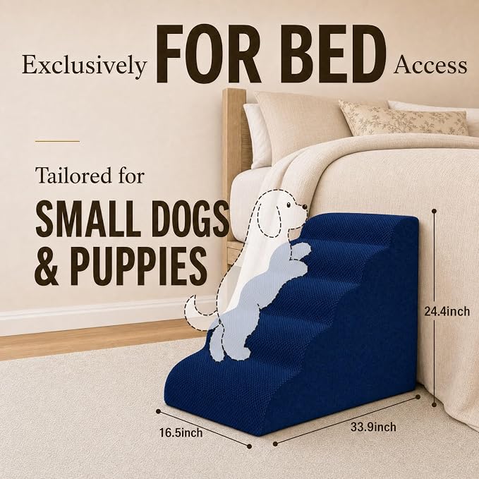 Dog Ramp for Bed,Pet Ramp for High Bed,Dog Stairs for Small & Medium Dogs,Curved Non-Slip Ladder for Older Dogs & Cats,24.4" H,5-Step（Blue）
