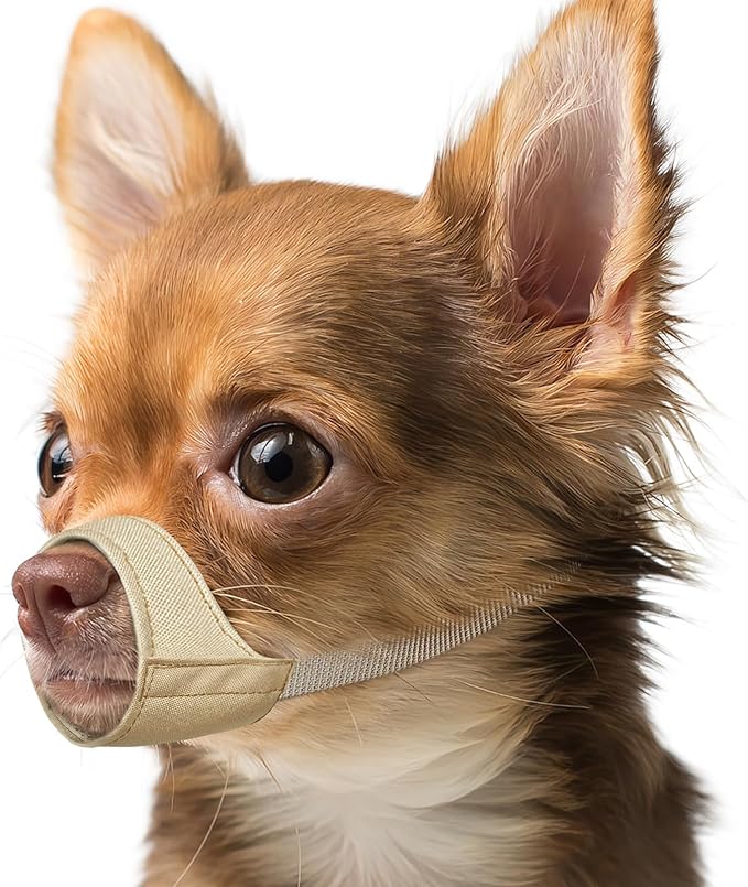 Fabric Dog Muzzle for Short Snout Small Dogs Chihuahuas Anti-Bite | Fits Shih Tzu Pomeranian Yorkshire Brachycephalic Dog, Grooming Vet Visits Walking Use, Prevent Chewing, Soft | Khaki, S+