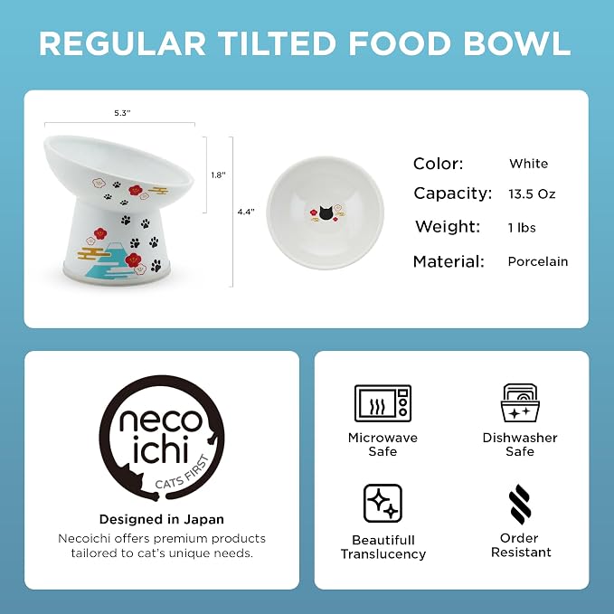 Necoichi Raised Cat Food Bowl – Ceramic Elevated 15° Tilted Cat Bowl for Whisker & Neck Fatigue, Dishwasher Microwave Safe – Non-Slip & Anti Vomiting Ergonomic Design (Fuji, Regular Tilted)