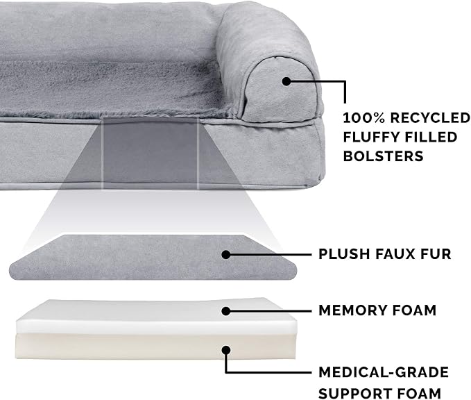 Furhaven Memory Foam Dog Bed for Large Dogs w/ Removable Bolsters & Washable Cover, For Dogs Up to 125 lbs - Plush & Suede Sofa - Gray, Jumbo Plus/XXL