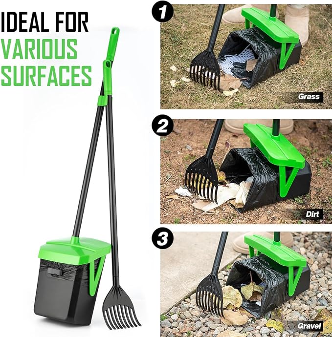 FUSBUNTY Pooper Scooper Swivel Bin & Rake with 100 Waste Bags, Dog Pooper Scooper with Bag Attachment for Large Medium Small Dogs, Poop Scooper with Lid for Lawn Yard Dog Kennel