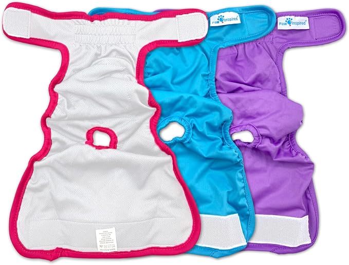 Paw Inspired Reusable Washable Dog Diapers (Pack of 3) in Assorted Colors with White Lining and Dog Diaper Suspenders in Black Combo Pack (Medium)