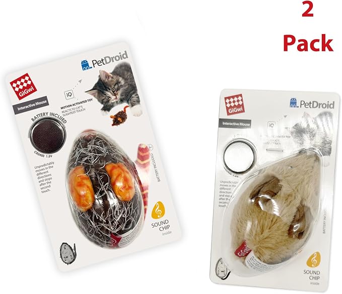 Gigwi Automatic Moving Cat Mice Toys 2 Pack, Interactive Chase Toys for Cat | Electronic Motion-Activated Mouse Squeaky Toy, Brown & Orange Colors, Cat Hunting Toy Great for Indoor & Outdoor Exercise
