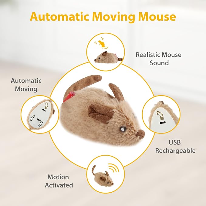 Gigwi Interactive Moving Cat Toy, USB-Charged Squeaky Mouse for Cats | Automatic Electronic Moving Kitten Toy, Upgraded 500 mAh USB Rechargeable, Perfect for Indoor Self-Play and Cat Exercise