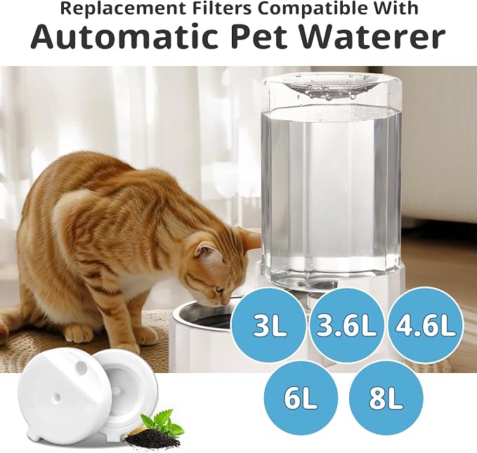 8Pcs Gravity Pet Water Fountain Filters, 8-Pack, 3.6L, Activated Carbon