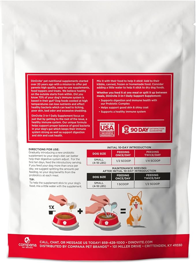 Dinovite Probiotics for Small Dogs, Probiotic Food Topper, 90 Servings