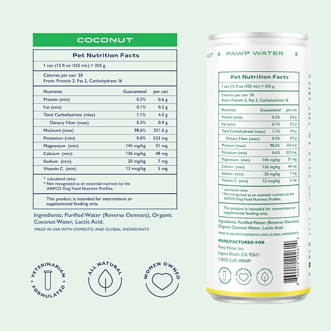 Coconut Hydration for Dogs by PAWP WATER | Organic Coconut Water | Natural Electrolytes for Hydration, Recovery & Everyday Wellness | 6 Resealable 12 oz Cans