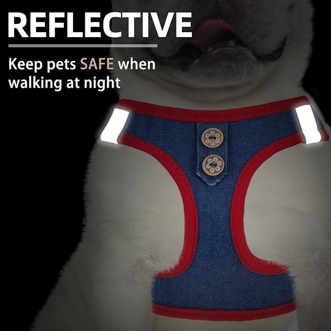 PUPTECK Dog Harness and Leash Set for Small Medium Dogs No Pull Step-in Soft Mesh Puppy Cat Vest Harnesses Reflective at Night, Denim NavyBlue S