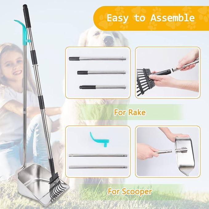 Dog Pooper Scooper for Large Dogs with Large Capacity Tray and 36" Long Handle Rake,Stainless Steel Dog Poop Scooper for Dogs,Heavy Duty Dog Poop Scooper for Yard