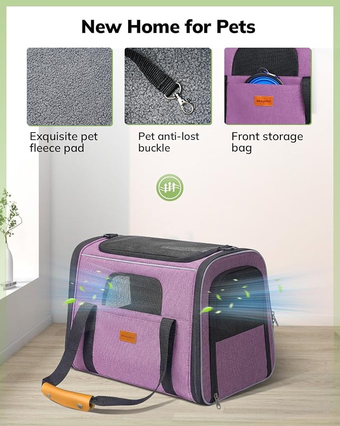 Morpilot Cat Carrier - Cat Carrier Soft for Medium or Large Cats up to 20lbs, with Dual-Sided Cushion, Secure Buckle and Foldable Bowl, Dog Carriers for Small Dogs(Purple)-17.3" L x 12.2" W x 13.4" H
