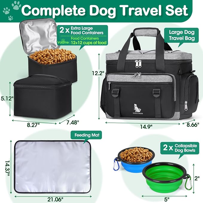 IGOLUMON Dog Travel Bag Set with 2 Extra Large Food Containers, 2 Bowls, 1 Feeding Mat