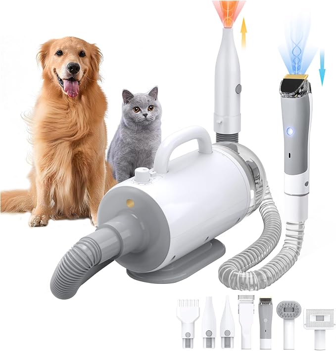 Dog Grooming Vacuum & Blow Dryer : 16000Pa Hair Suction, Dog Clipper, High Velocity Dog Blower with Heater, 8 Pet Grooming Vacuum kit, Gray