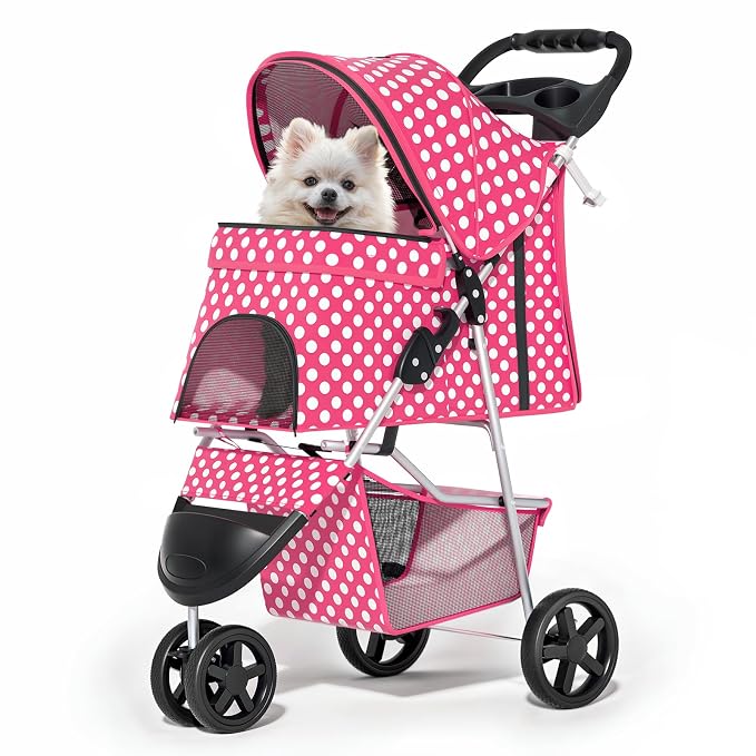 MoNiBloom 3-Wheel Foldable Pet Stroller - Hot Pink Polka Dots