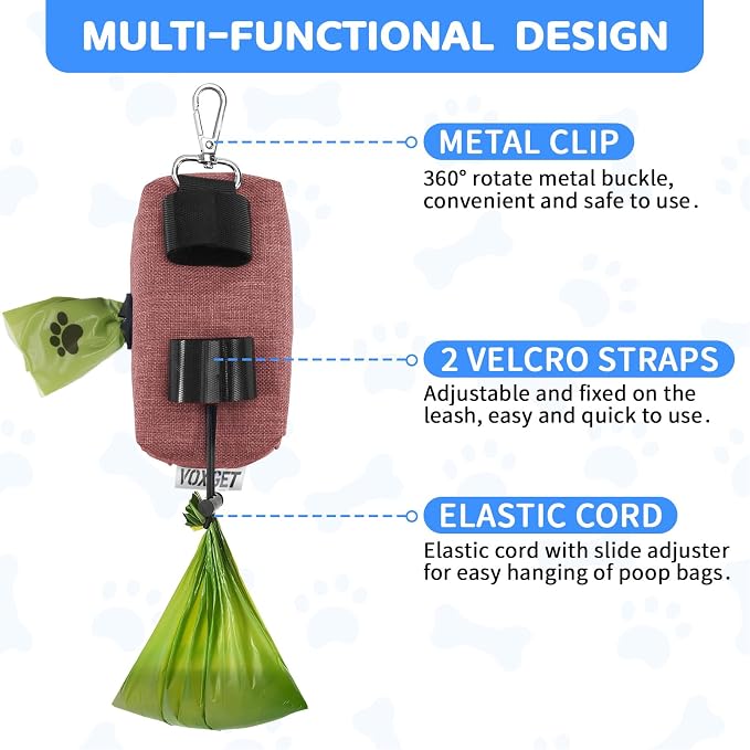 Dog Poop Bag Holder for Leashes, Dog Waste Bag Dispenser with 2 Zipper Pockets and Clip for Pets Doggy Training, Puppy Treat Pouch Carrier with 1 Roll Poop Bags for Walking Accessories (Red)