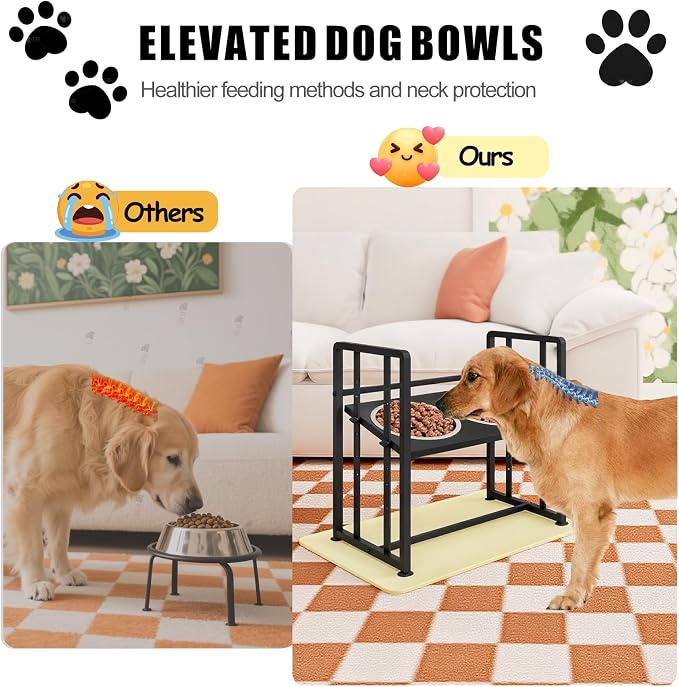 Elevated Dog Bowls 4 Height Adjustable Metal Pet Food Feeder Stand with 2 Stainless Steel Bowl Raised Dogs Feeding Station with Non-Slip Mats Black (Black, with Feeding Mat)