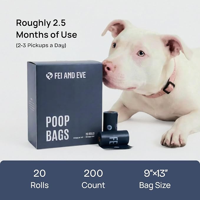 Fei & Eve Dog Poop Bags - Extra Thick 25 Micron & 100% Leak-Proof | Full Blackout & Odor-Locking | Stretch Resistant | Easy to Tear off | Waste Bags | Unscented | 20 Rolls