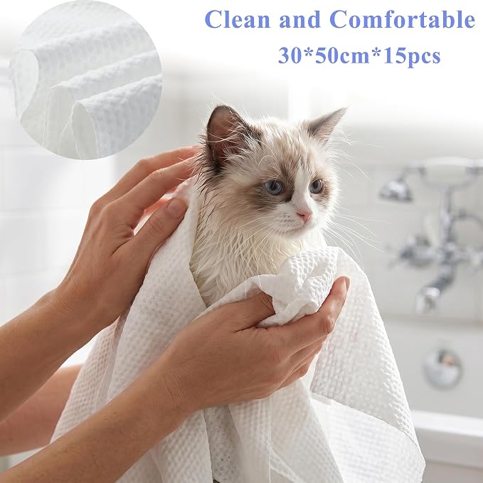 Disposable Pet Bath Towel,15 PCS Portable Pet Grooming Towels,11.8 x 21.6 inch Convenient Pet Cleaning Towel Pet Drying Towels,Absorbent Bath Towel for Small Dog Puppy Cat, White