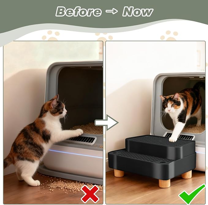 Elevated Cat Ramp for Litter Box, 2 Steps Cat Pedal Step Stool with Wooden Base, Detachable Double Layered Cats Litter Trapper, Suitable for Small&Elderly Cats, Non-Slip(Black)