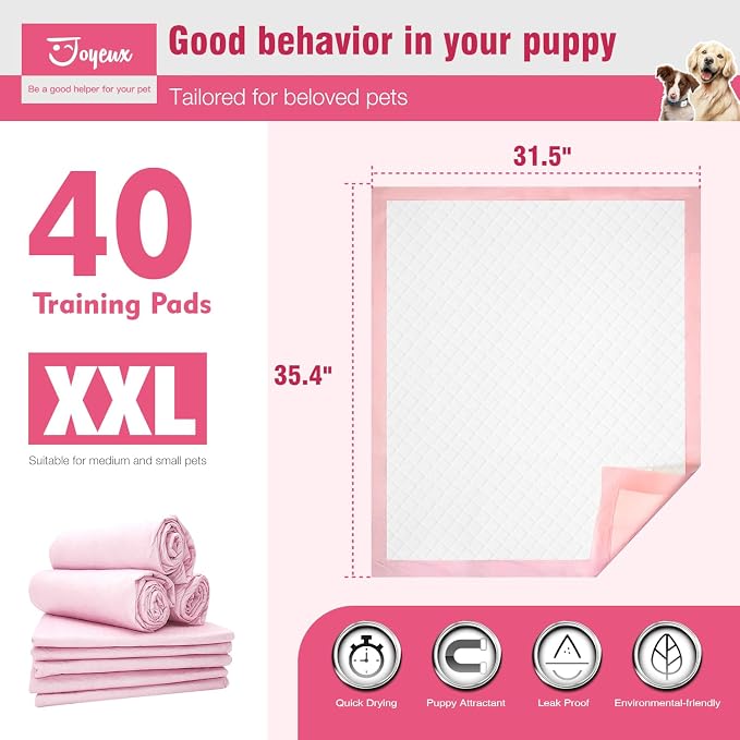 Joyeux Extra Large Puppy Pads, Super Absorbent, Ultra Leak-Proof, Quick Dry - 31.5" x 35.4" Pee Pads for Dogs - Dog Pads for Potty Training, 40 Count, Unscented, Pink, XXL