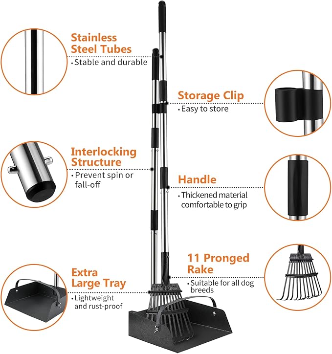 Toozey Dog Pooper Scooper for Large Dogs — Long Handle Poop Scooper for Yard Use, Extra Large Metal Tray & Bag Holder | Easy Cleanup for All Dog Sizes with 20 Bags
