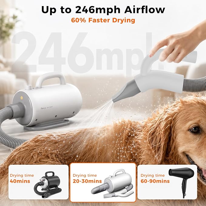 Sevy Whoosh Dog Dryer | High Velocity Dog Blower Grooming Dryer with Negative Ions | Dog Hair Dryer Blower for Grooming, Home & Professional Use, Stepless Speed, 4 Temperature Settings and 5 Nozzles