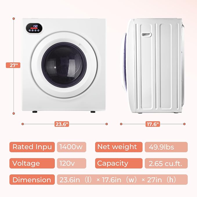 Euhomy 2.65 Cu. Ft. Portable Dryer for Clothes, 1400W Dryer with LCD Panel