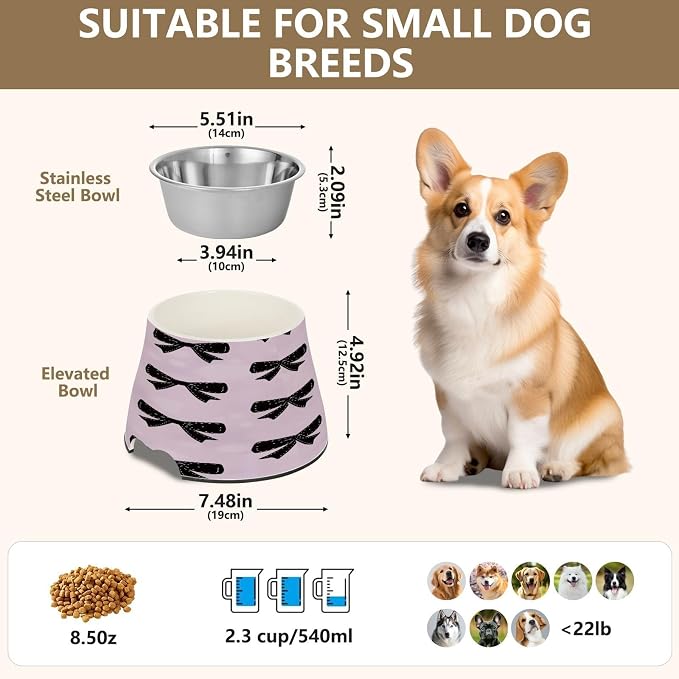 Blueangle Elevated Dog Bowls with Stainless Steel - Non-Slip 2.3 Cup High Capacity Pet Dish for Spinal Health & Black Bows Design（282）