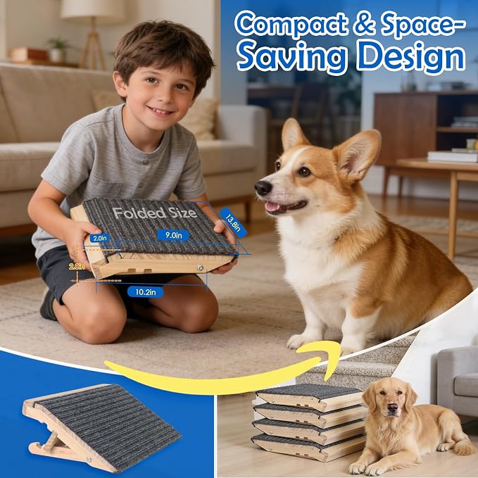 Adjustable Dog Ramp for Stairs, 2-Height Foldable Wooden Pet Steps | 3 Pack, 4.3"/5.5"H, Gentle on Joints, for Small & Senior Dogs, with Anti-Slip Carpet, Solid Wood, 170 lbs, No Assembly
