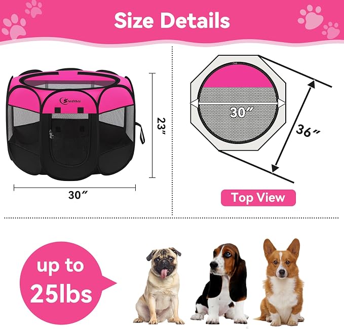 Siedihit Dog Playpen, Medium Puppy Pet Playpen, Dog Crate Tent Cage Indoor/Outdoor, Portable Pop Up Dogs Kennel Playpen with Carrying Case for Dogs/Cats/Rabbits, Hot Pink