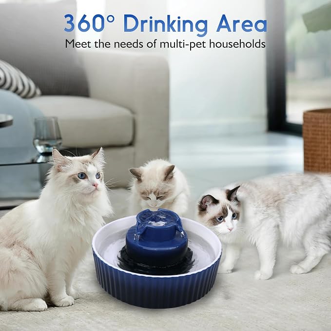 Lawfery Ceramic Cat Water Fountain, 2.1L/71oz Cat Fountain with 3 Carbon Filters and 2 Water Pumps, Cupcake Pet Water Fountain for Cats and Dogs (Dark Blue)