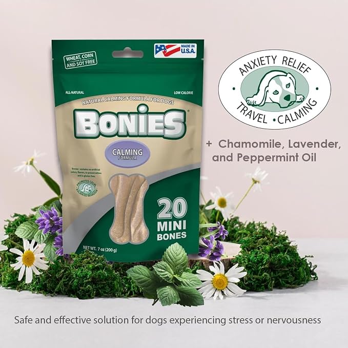 Green Pet Organics BONIES Natural Calming Formula Dog Treats - Contains Chamomile & Lavender, Help Anxiety, Excessive Barking & Trembling, Chicken Flavor, Large, 5 Bones