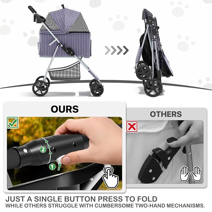 MoNiBloom 3-in-1 Foldable Pet Stroller - Plaid, up to 33lbs