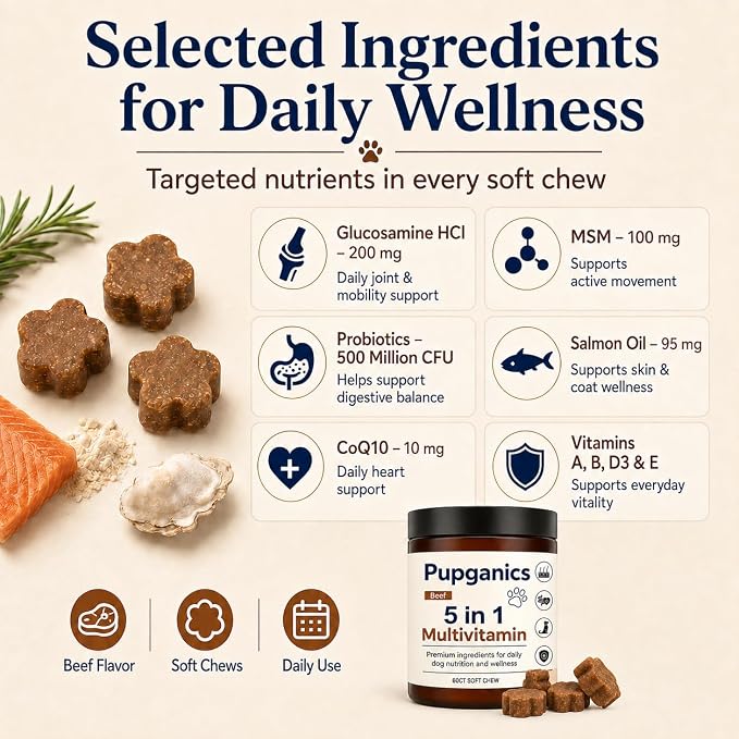 Pupganics Multivitamin Daily Soft Chews for Dogs, Itch Relief Chews, Beef | Twelve active ingredients with Salmon oil, Probiotics, Glucosamine & Essential Vitamins for everyday dog wellness.60 Count