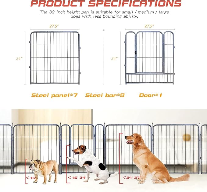 Dog Playpen,24/32/40 Inch Height in Heavy Duty,Folding Indoor Outdoor Dog Exercise Fence, Portable Pet Playpen with Door for Large Medium Dogs - Silver Gray (8 Panels, 24 inch)