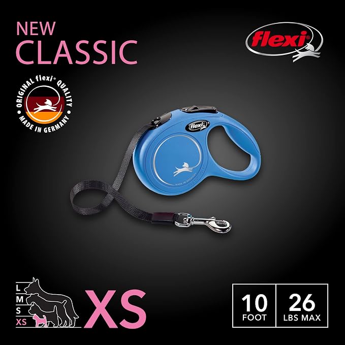 FLEXI® Classic XS Tape Retractable Dog Leash, 3-Finger Grip, 10 ft - Blue | German engineered, Pocket-Size original flexi leash, durable quality for dogs up to 18 lbs, tangle-free,reliable brake system