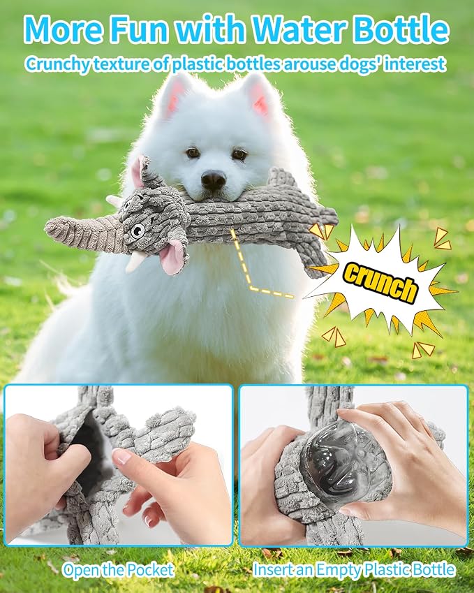 Dog Toys, Squeaky Plush No Stuffing Crinkle Dog Toy for Small Medium Large Dogs, Interactive Puppy Teething Water Bottle Dog Chew Toy (Elephant)